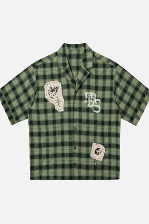 Concert Outfit Plaid Applique Printed Short Sleeve Shirt