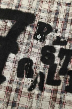 Concert Outfit Plaid Graffiti Spray-Painted Letters Long Sleeve Shirt