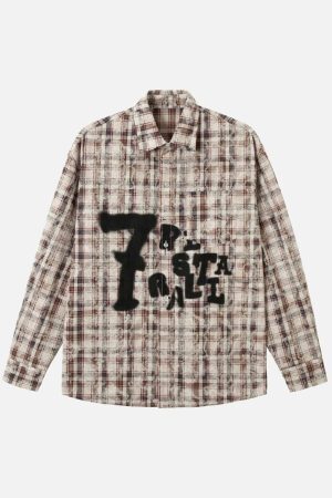 Concert Outfit Plaid Graffiti Spray-Painted Letters Long Sleeve Shirt