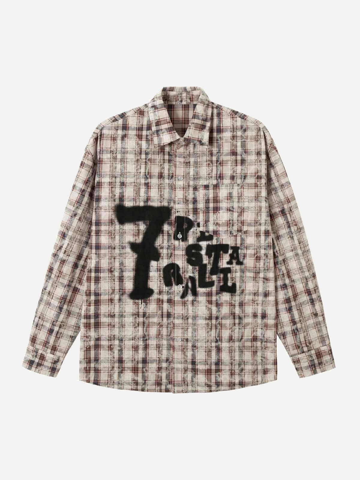 Concert Outfit Plaid Graffiti Spray-Painted Letters Long Sleeve Shirt Concert Outfit Plaid Graffiti Spray-Painted Letters Long Sleeve Shirt
