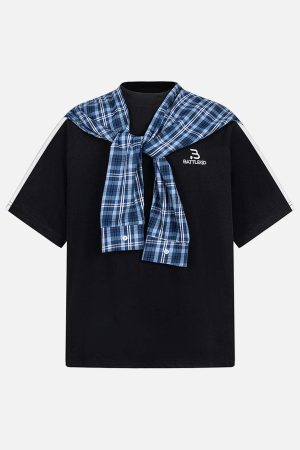 Concert Outfit Plaid Patch Knotted Scarf T-Shirt