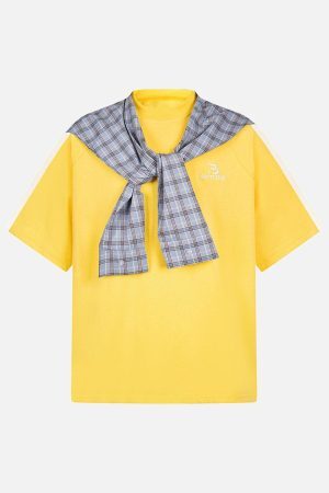 Concert Outfit Plaid Patch Knotted Scarf T-Shirt