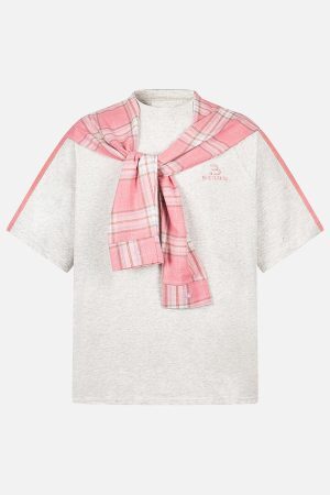 Concert Outfit Plaid Patch Knotted Scarf T-Shirt