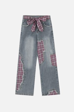 Concert Outfit Plaid Patchwork Jeans