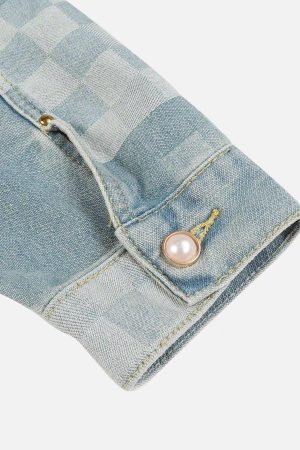 Concert Outfit Plaid Pearl Button Denim Jacket