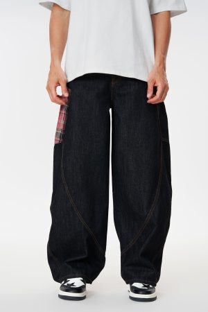 Concert Outfit Plaid Pocket Barrel Loose Jeans