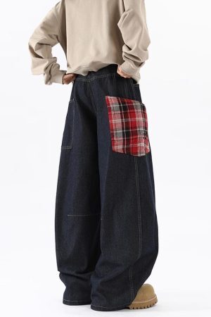 Concert Outfit Plaid Pocket Barrel Loose Jeans