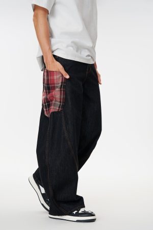 Concert Outfit Plaid Pocket Barrel Loose Jeans