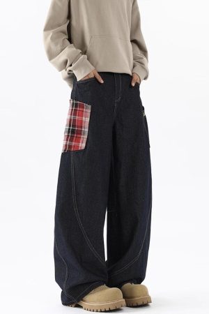 Concert Outfit Plaid Pocket Barrel Loose Jeans