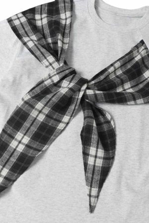 Concert Outfit Plaid Scarf Crew Neck T-Shirt