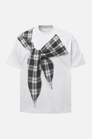 Concert Outfit Plaid Scarf Crew Neck T-Shirt