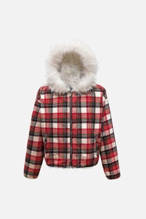 Concert Outfit Plaid Sherpa Lined  Fur Hooded Jacket