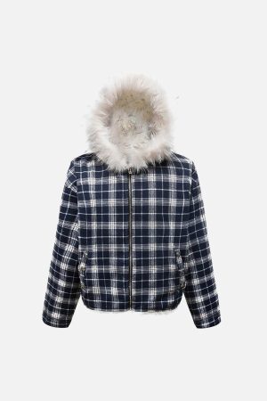 Concert Outfit Plaid Sherpa Lined Fur Hooded Jacket