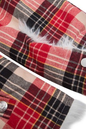 Concert Outfit Plaid Sherpa Lined Fur Hooded Jacket