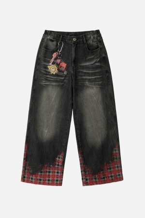 Concert Outfit Plaid Washed Print Loose Jeans