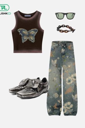 Concert Outfit Plant Flower Print Jeans