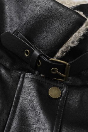 Concert Outfit Plush Collar Faux Leather Jacket
