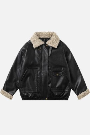 Concert Outfit Plush Collar Faux Leather Jacket