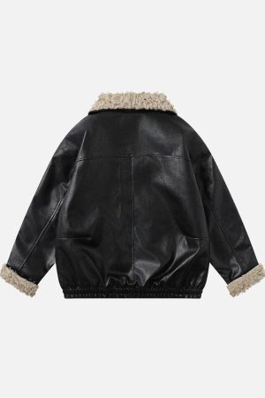 Concert Outfit Plush Collar Faux Leather Jacket