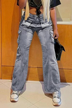 Concert Outfit Pocket Patchwork High Rise Straight Leg Jeans