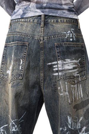 Concert Outfit Print Hand-Painted Graffiti Drawstring Baggy Jeans