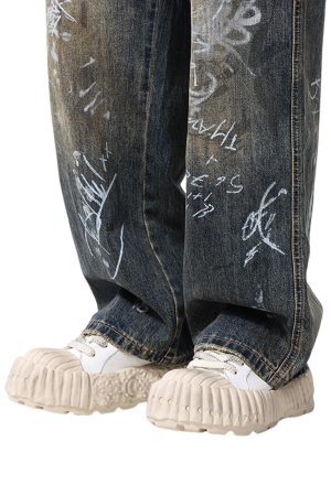 Concert Outfit Print Hand-Painted Graffiti Drawstring Baggy Jeans