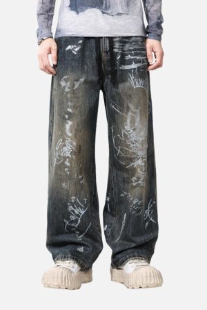 Concert Outfit Print Hand-Painted Graffiti Drawstring Baggy Jeans
