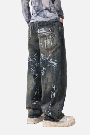 Concert Outfit Print Hand-Painted Graffiti Drawstring Baggy Jeans