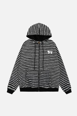Concert Outfit Puppy Patch Embroidered Striped Zip-Up Hoodie
