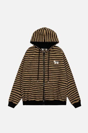 Concert Outfit Puppy Patch Embroidered Striped Zip-Up Hoodie