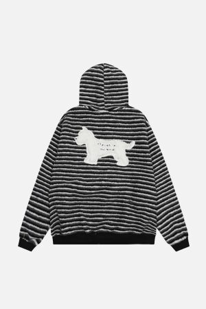 Concert Outfit Puppy Patch Embroidered Striped Zip-Up Hoodie