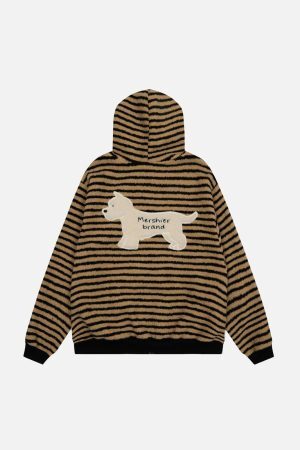 Concert Outfit Puppy Patch Embroidered Striped Zip-Up Hoodie