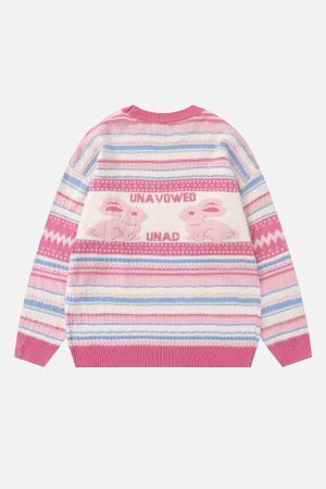 Concert Outfit Rabbit Jacquard Bow Decorative Stripes Sweater