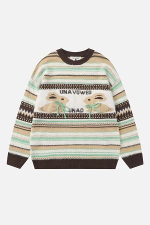 Concert Outfit Rabbit Jacquard Bow Decorative Stripes Sweater