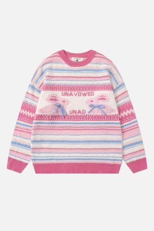 Concert Outfit Rabbit Jacquard Bow Decorative Stripes Sweater