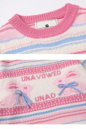 Concert Outfit Rabbit Jacquard Bow Decorative Stripes Sweater