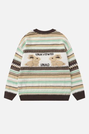 Concert Outfit Rabbit Jacquard Bow Decorative Stripes Sweater