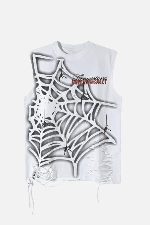 Concert Outfit Raggedy Design Spider Web Graphic Vest