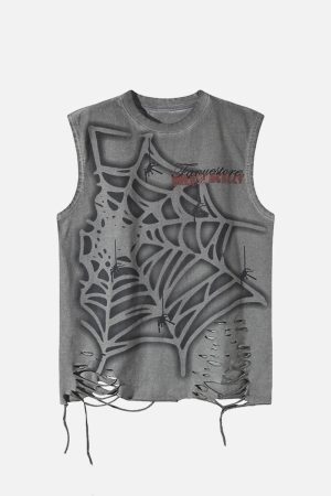 Concert Outfit Raggedy Design Spider Web Graphic Vest