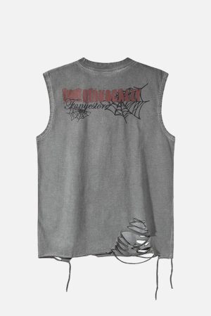 Concert Outfit Raggedy Design Spider Web Graphic Vest