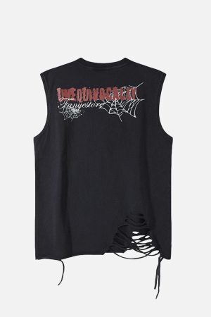 Concert Outfit Raggedy Design Spider Web Graphic Vest
