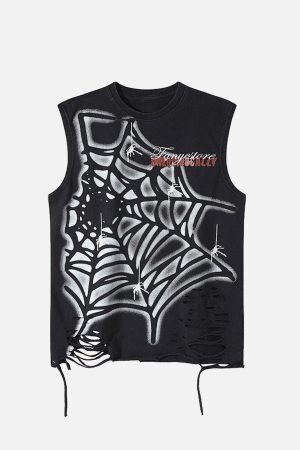 Concert Outfit Raggedy Design Spider Web Graphic Vest