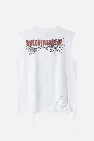 Concert Outfit Raggedy Design Spider Web Graphic Vest