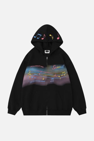 Concert Outfit Rainbow Musical Notes Embroidered Hoodie