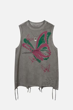 Concert Outfit Raw Edge Butterfly Print Vest