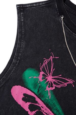 Concert Outfit Raw Edge Butterfly Print Vest