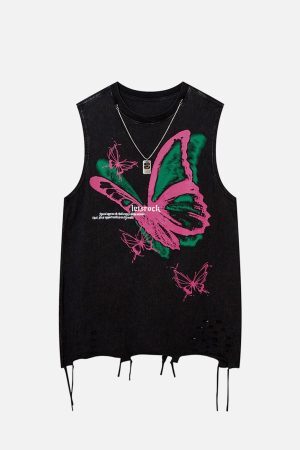 Concert Outfit Raw Edge Butterfly Print Vest
