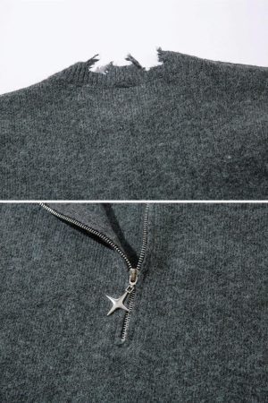 Concert Outfit Raw Edge Half-Zip Knitted Sweater