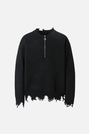 Concert Outfit Raw Edge Half-Zip Knitted Sweater