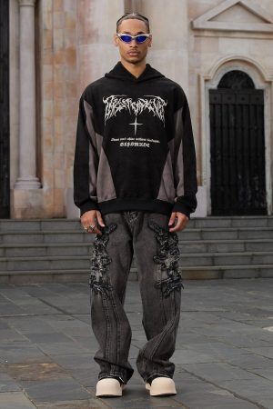 Concert Outfit Raw Edge Patch Straight Jeans